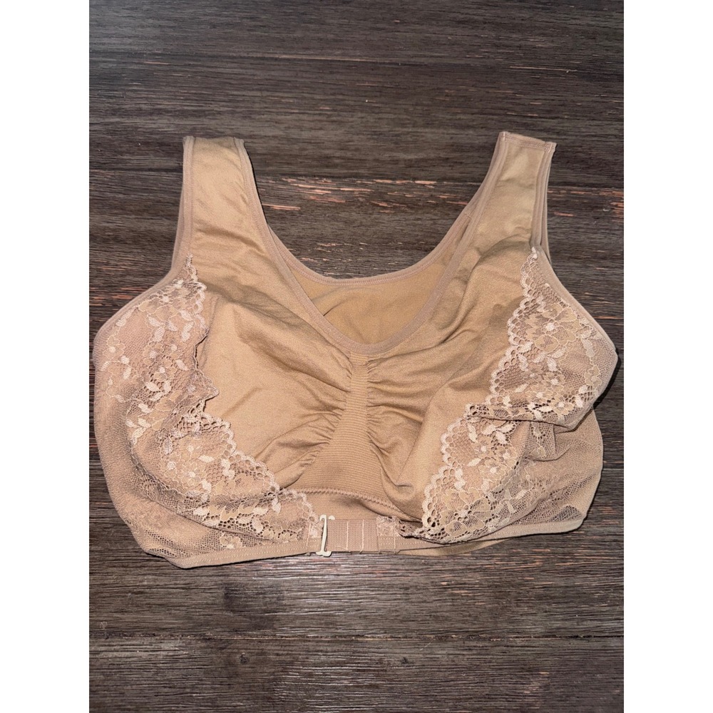 Genie Dream Bra 3X Tan Nude Lace Trim Wireless Seamless Comfort Bra Front Hook